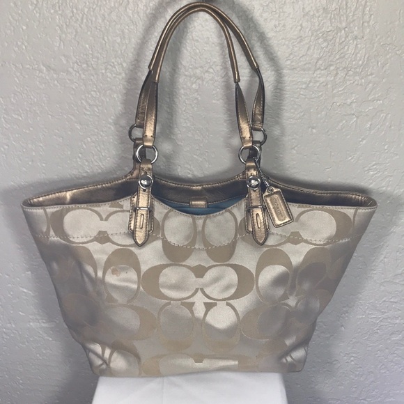 Coach Carly khaki tan satin signature shoulder bag - Picture 1 of 4